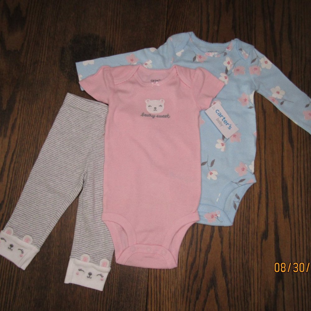 Carter's baby girls 3 piece bear themed bodysuit outfit 6 months